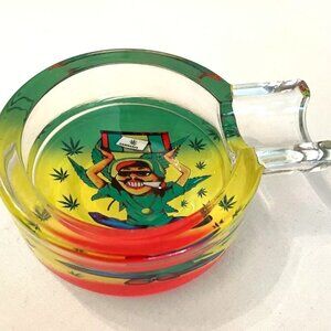 Cannabis Ashtray Cartoon Man in Green w/Leaves 3 1/2" tall x 1 1/2" Thick Glass